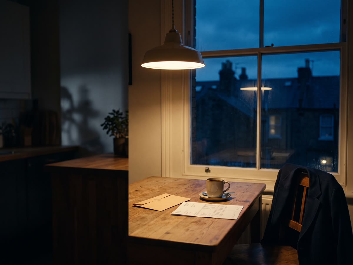 Tavolo di cucina con busta chiusa e documenti accanto a una tazza di caffè, tetti blu oltre la finestra