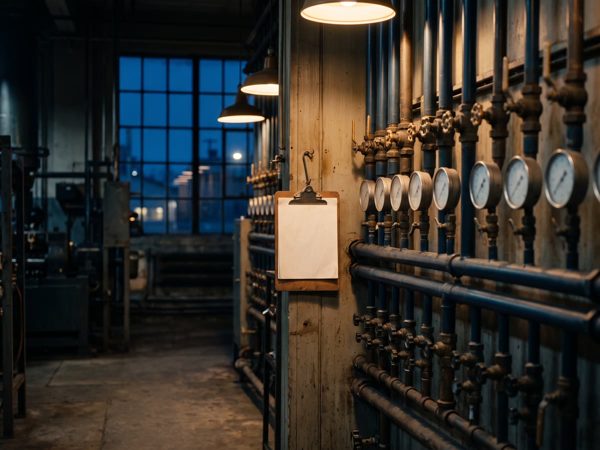 Sala macchine ordinata di una piccola fabbrica con valvole, manometri e lampade calde