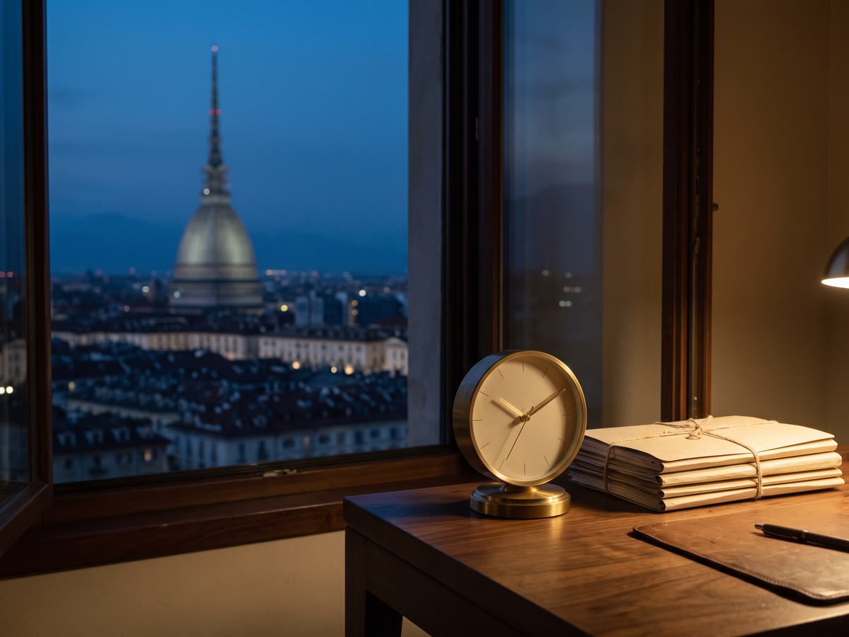 Orologio da tavolo in ottone accanto a cartelline crema, tetti e Mole Antonelliana all'ora blu