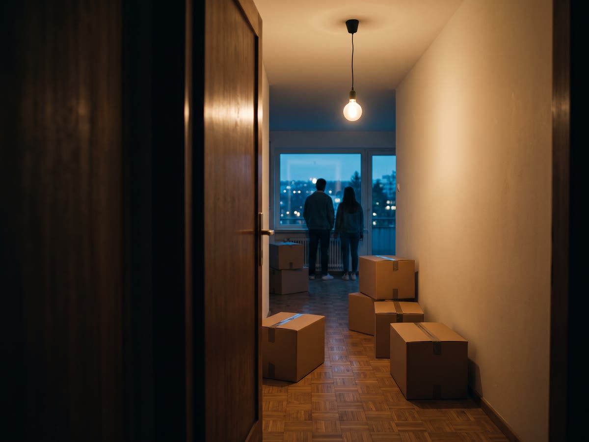 Prima casa appena comprata vista dall'ingresso con scatoloni e due figure lontane di spalle alla finestra
