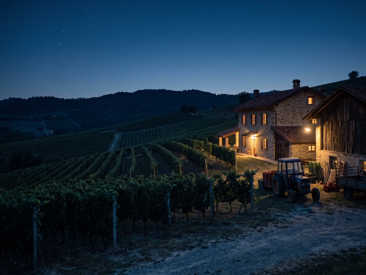 Filari di vigneto in collina all'ora blu con cascina in pietra illuminata e trattore vicino al fienile