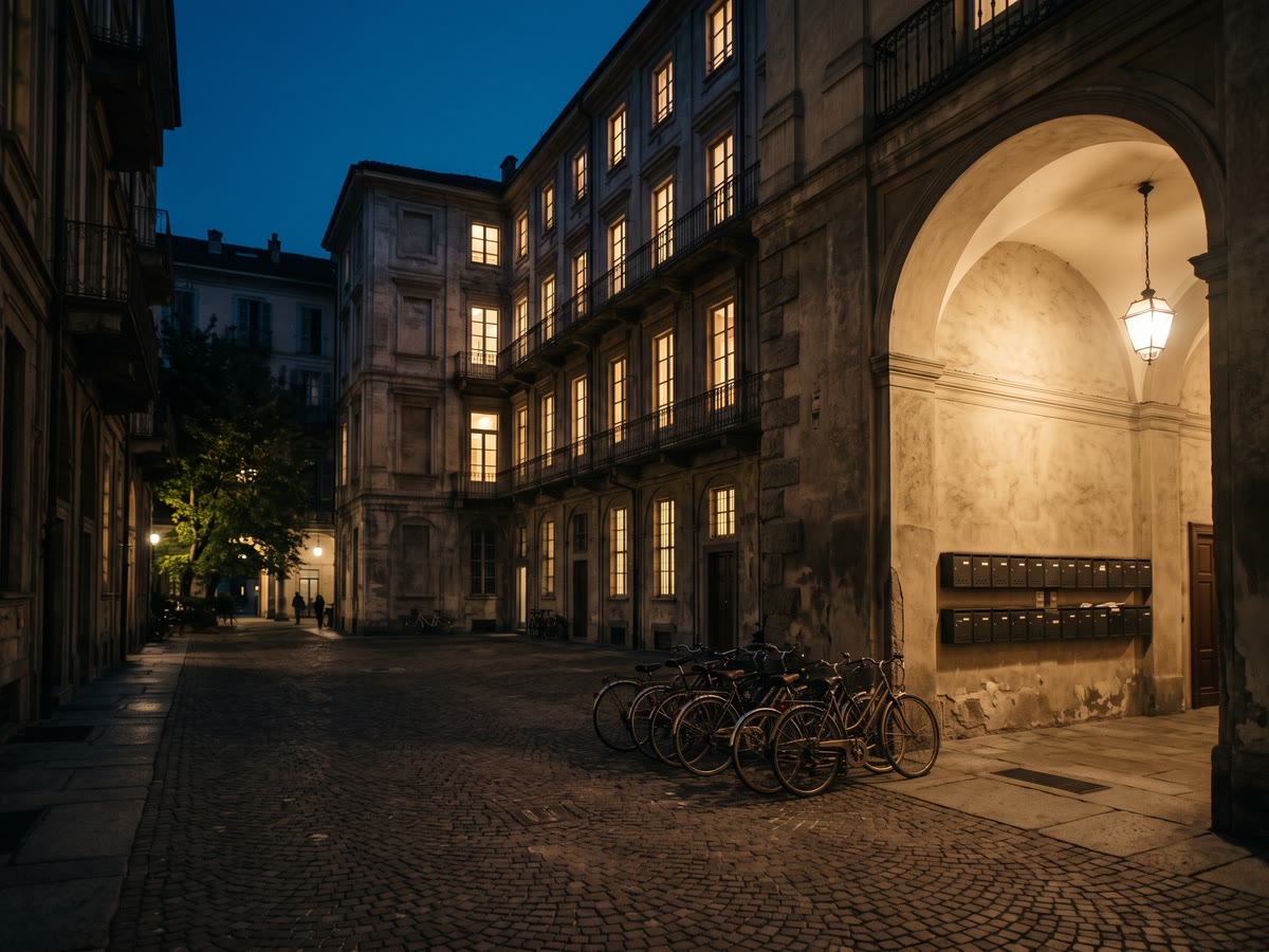 Cortile di un condominio torinese all'ora blu con finestre illuminate e cassette postali nell'androne
