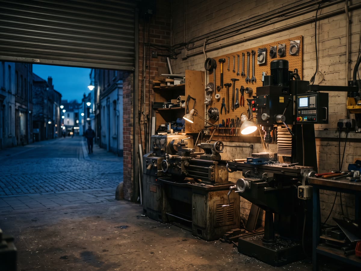 Officina con una macchina a controllo numerico nuova accanto a un vecchio tornio sotto luci calde