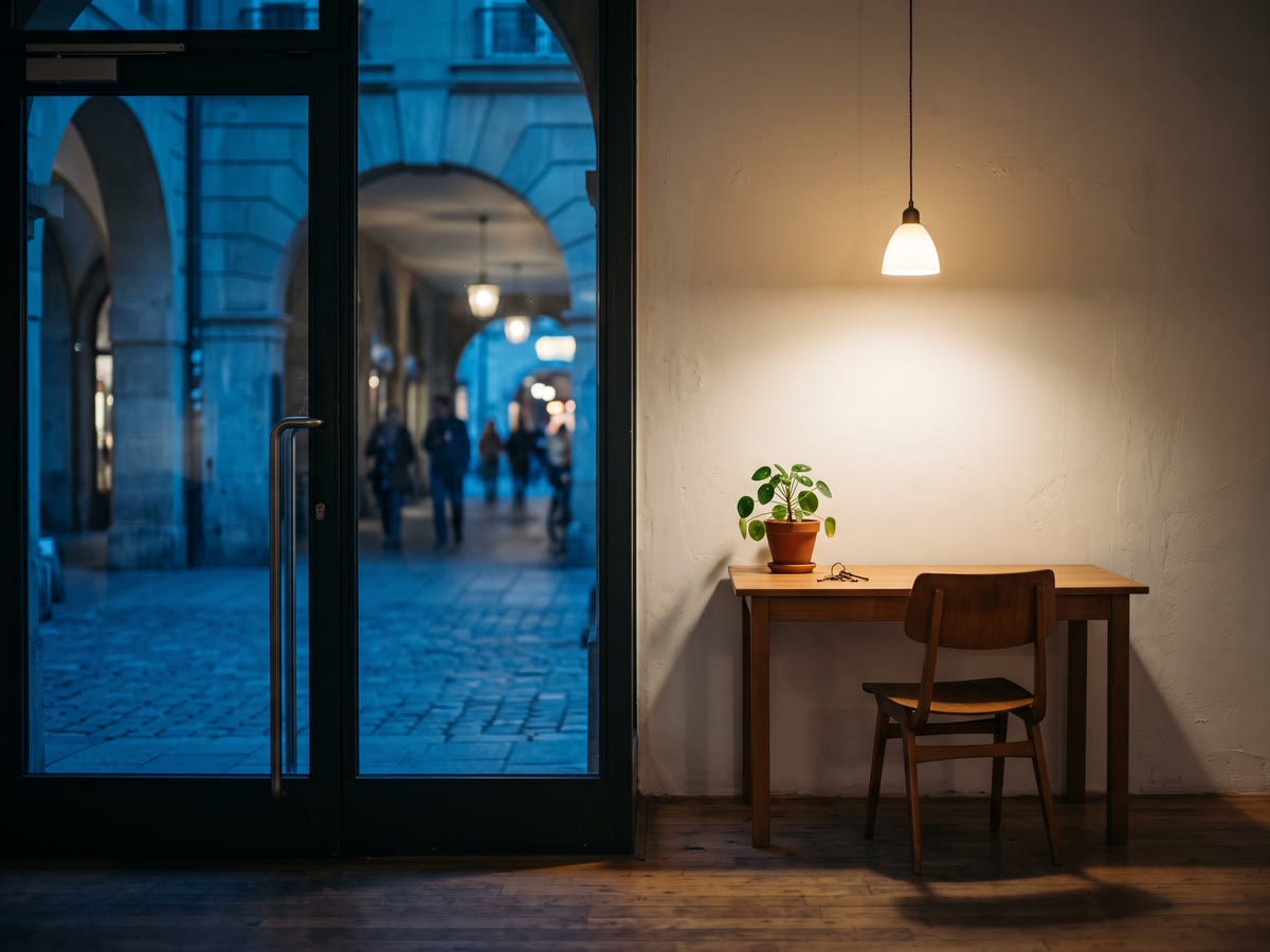 Piccolo locale appena affittato con una scrivania, una sedia, una pianta e le chiavi, portici fuori