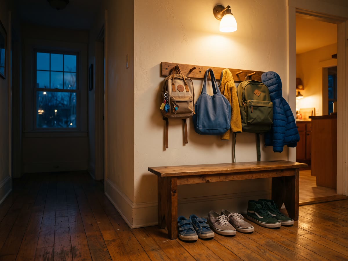Ingresso di casa con scarpe di bambini di tre misure e zaini appesi, luce calda dalla cucina