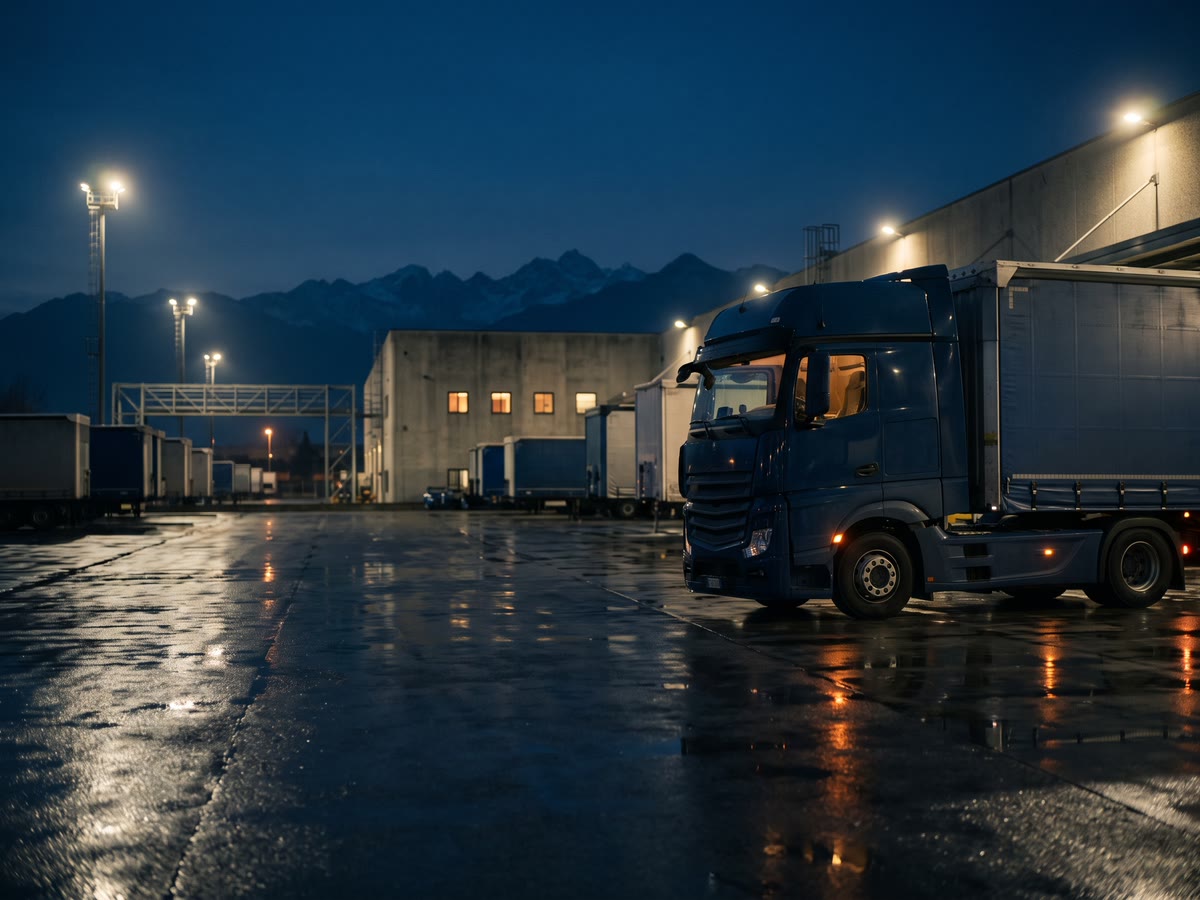 Camion parcheggiato in un piazzale logistico all'ora blu con le Alpi sullo sfondo e asfalto bagnato