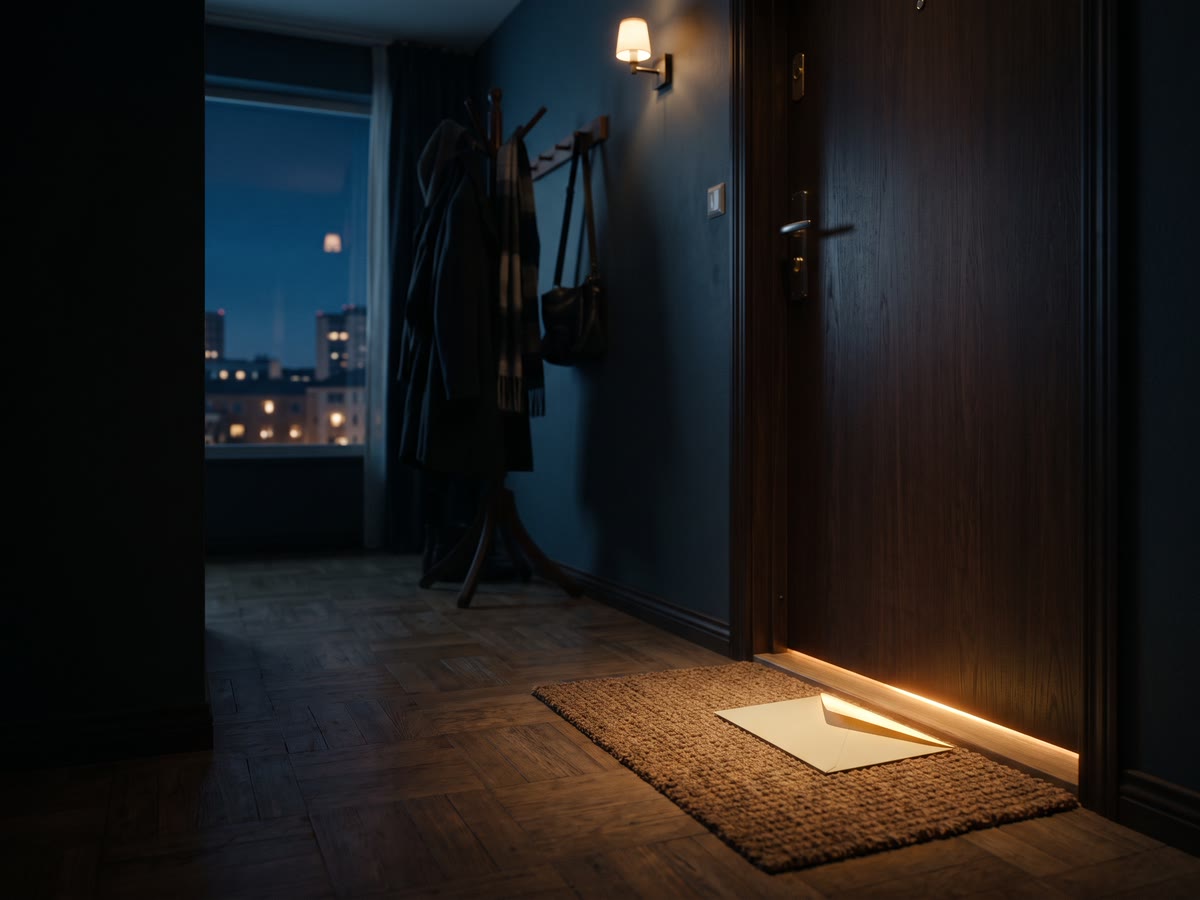 Busta appena arrivata sullo zerbino di casa con la luce delle scale che filtra sotto la porta