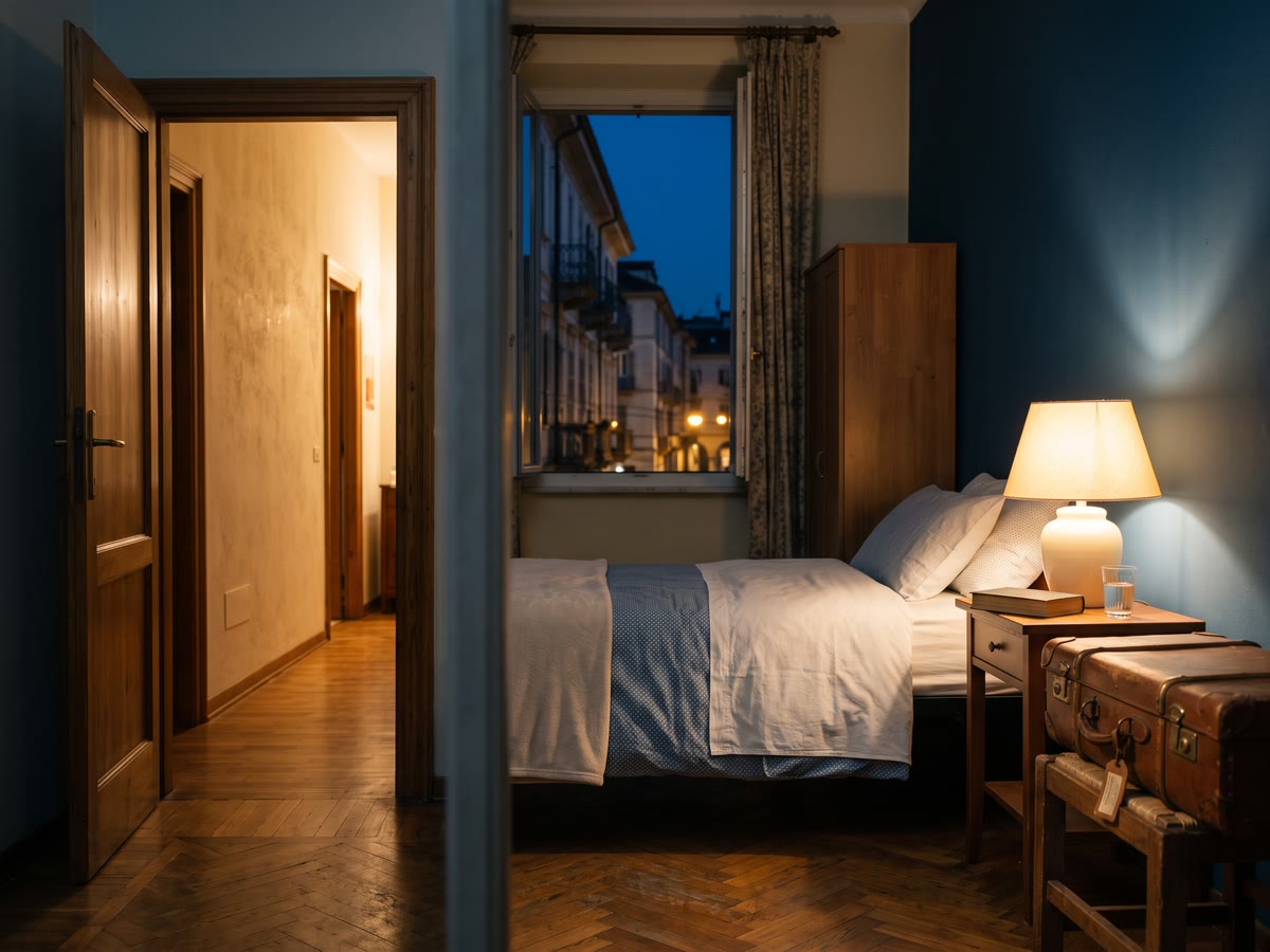 Cameretta ordinata con letto rifatto, valigia sullo sgabello e lampada da notte accesa