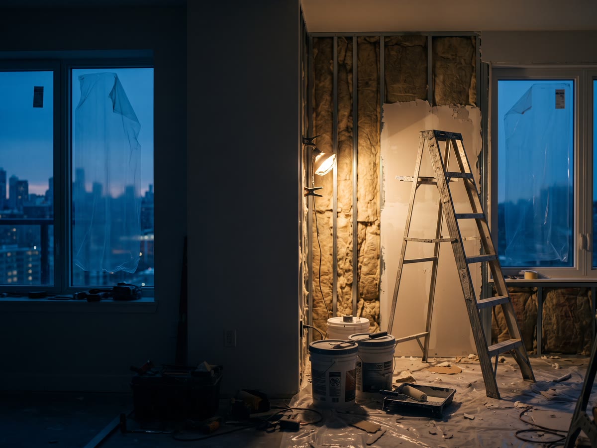 Appartamento in ristrutturazione con finestre nuove, scala e secchi di vernice sotto una lampada da cantiere
