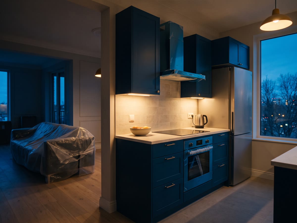 Cucina appena montata con elettrodomestici ancora protetti e divano imballato nella stanza accanto