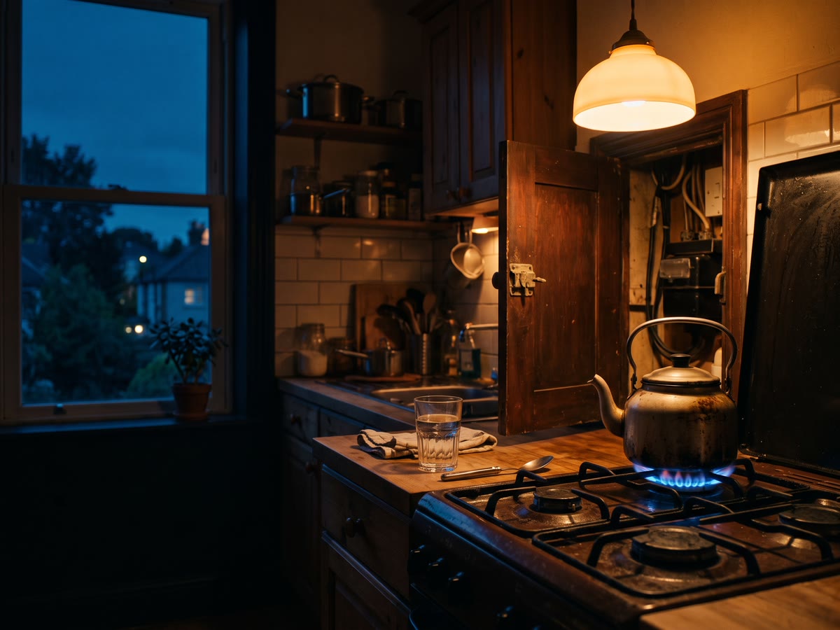 Cucina di sera con la fiamma blu del gas sotto un bollitore e una lampada calda sul bancone