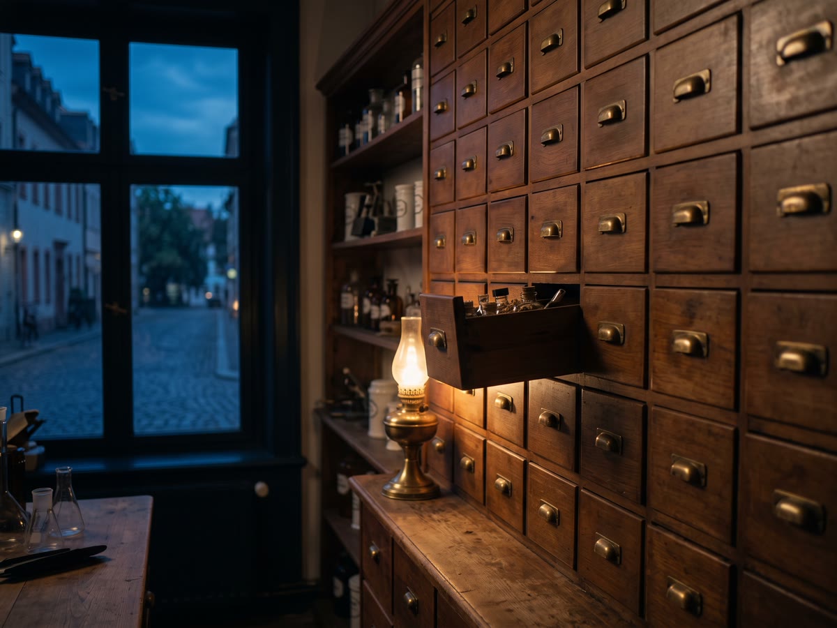Parete di piccoli cassetti in legno con un cassetto aperto sotto la luce calda di una lampada