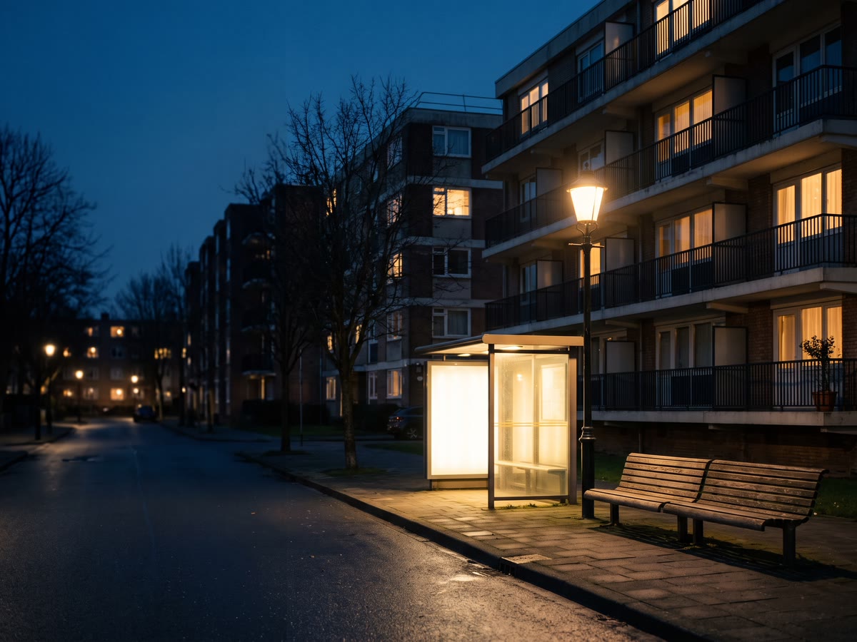 Via residenziale della cintura sud con palazzi anni Settanta, panchina e pensilina illuminata
