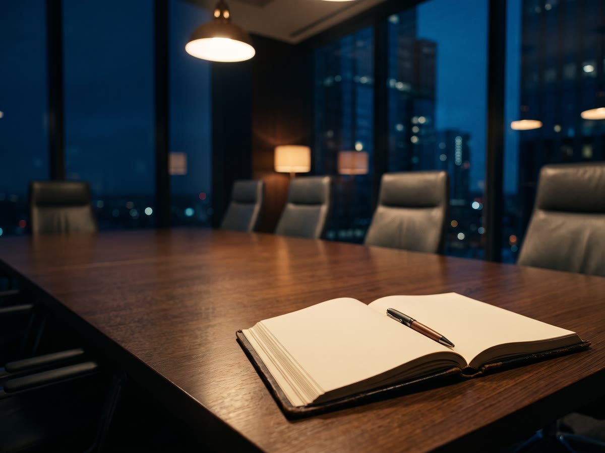 Sala del consiglio con libro dei verbali aperto, una penna e sedie vuote intorno al tavolo
