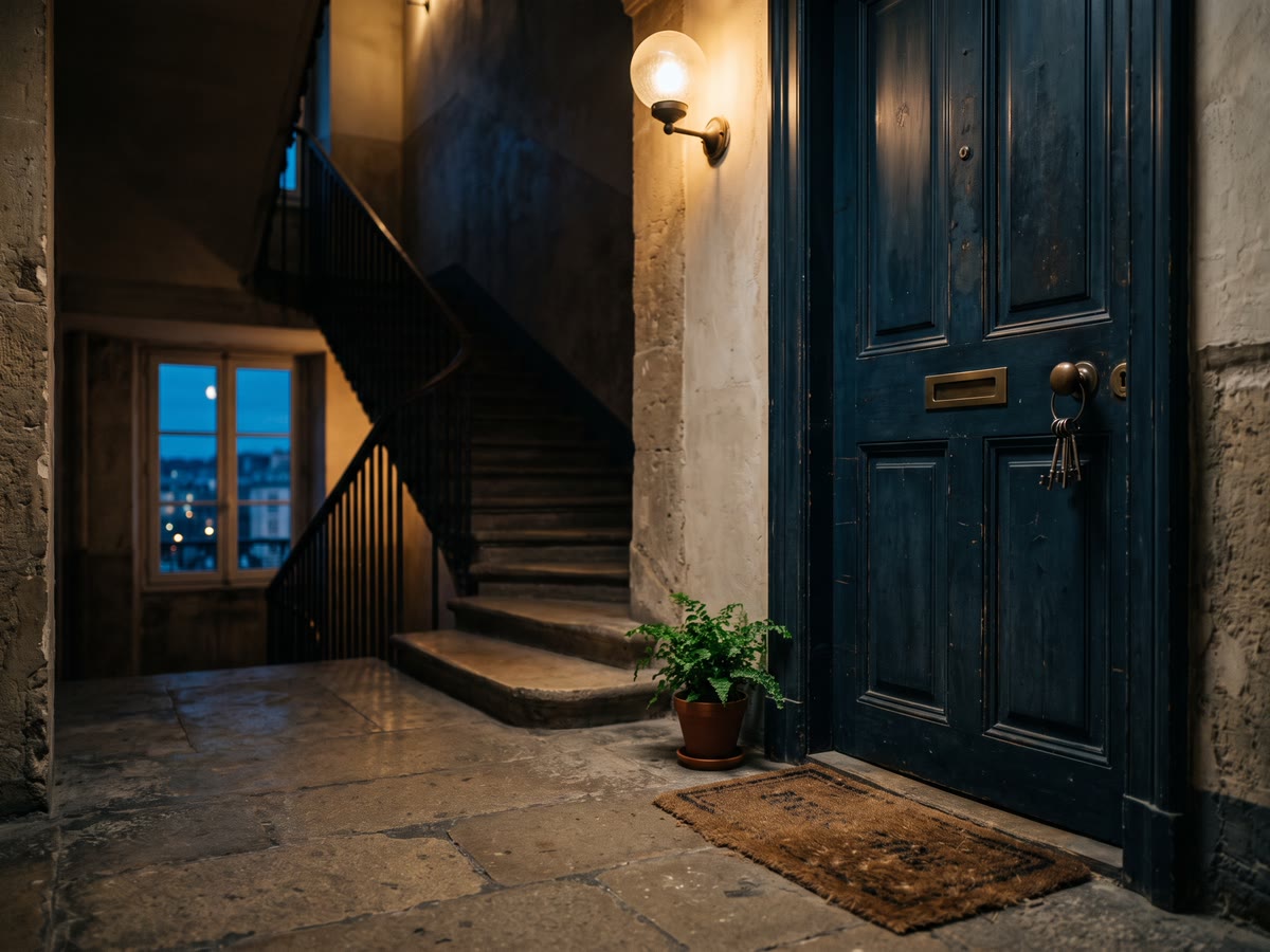 Porta di un appartamento in affitto sul pianerottolo, chiavi nella serratura e scale in pietra illuminate