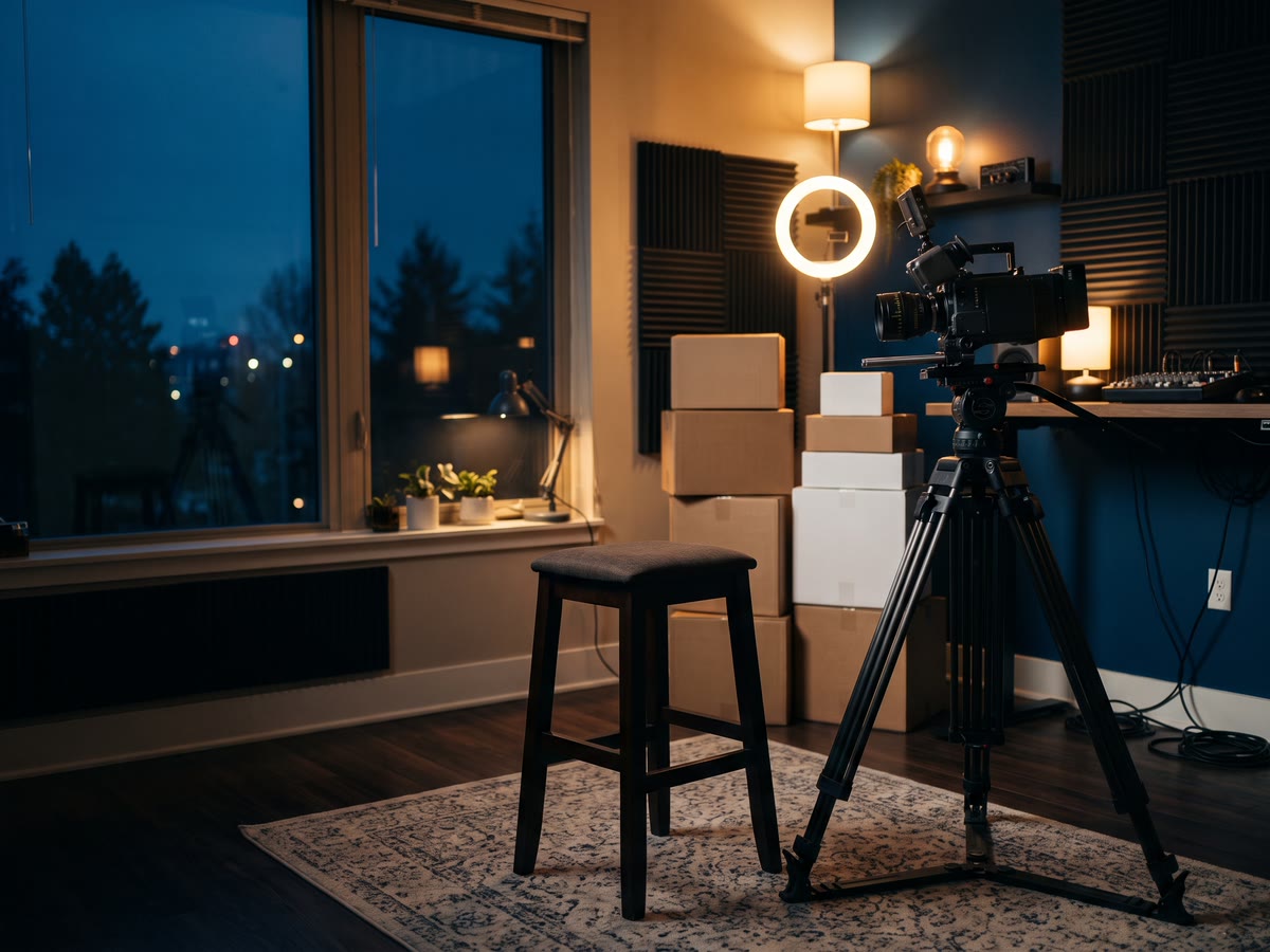 Piccolo studio in casa con luce ad anello, fotocamera su treppiede e scatole di prodotti da aprire