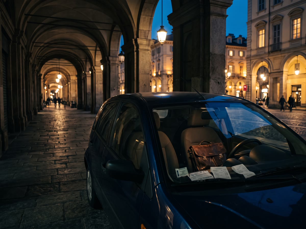 Auto parcheggiata sotto i portici all'ora blu con borsa da lavoro e ricevute sul cruscotto