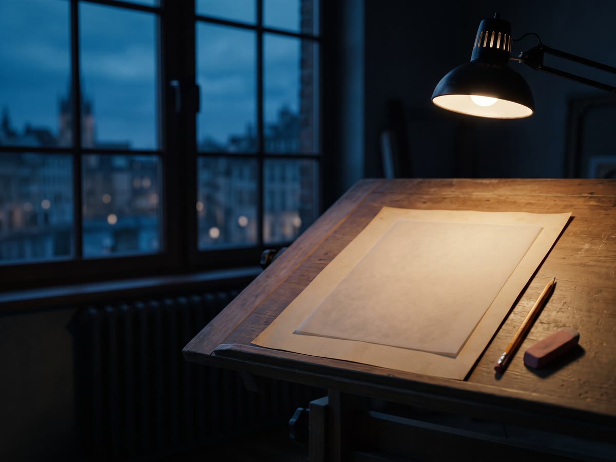 Tavolo da disegno con carta da lucido sopra un documento, matita e gomma sotto una lampada calda