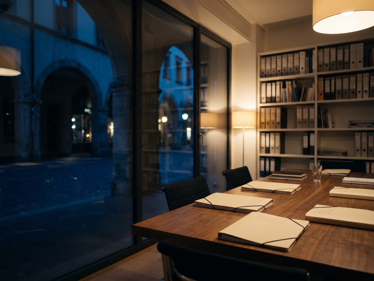 Sala riunioni dello studio con cartelline crema sul tavolo in noce e scaffali bianchi di raccoglitori