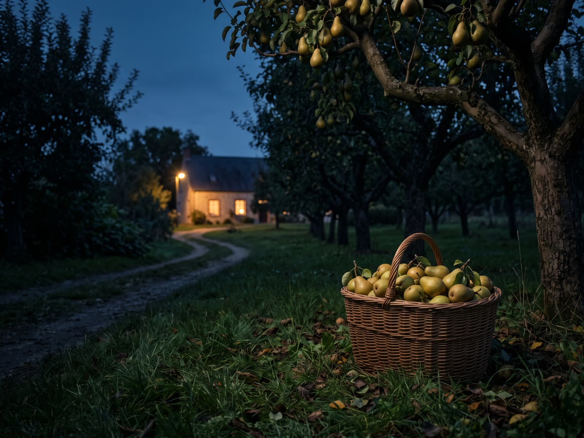 Frutteto di peri all'ora blu con cesto di vimini pieno di frutti sull'erba e cascina illuminata