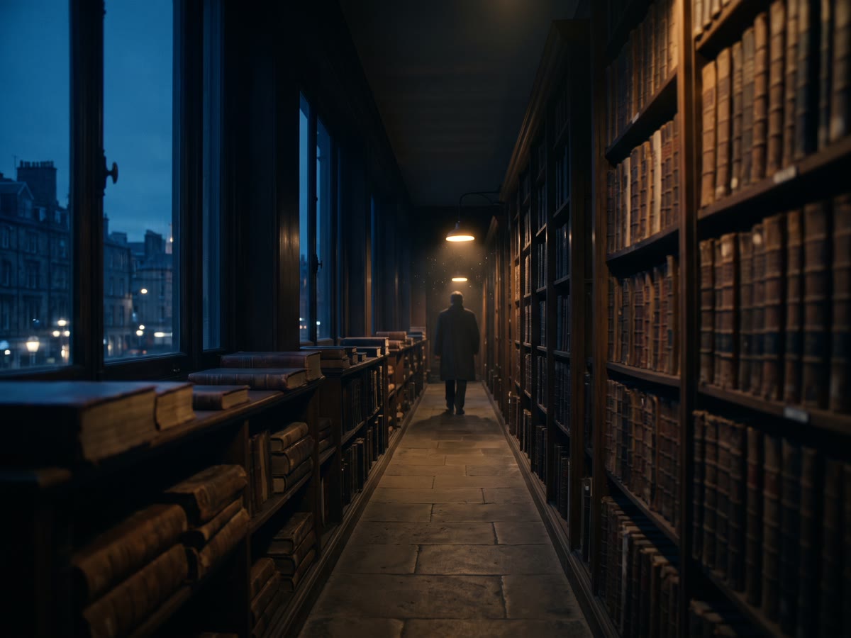 Lungo corridoio d'archivio con scaffali di registri che si perdono nel buio e una lampada in fondo