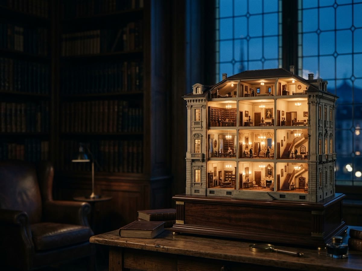 Plastico in sezione di un palazzo torinese con stanze illuminate, esposto in uno studio in penombra