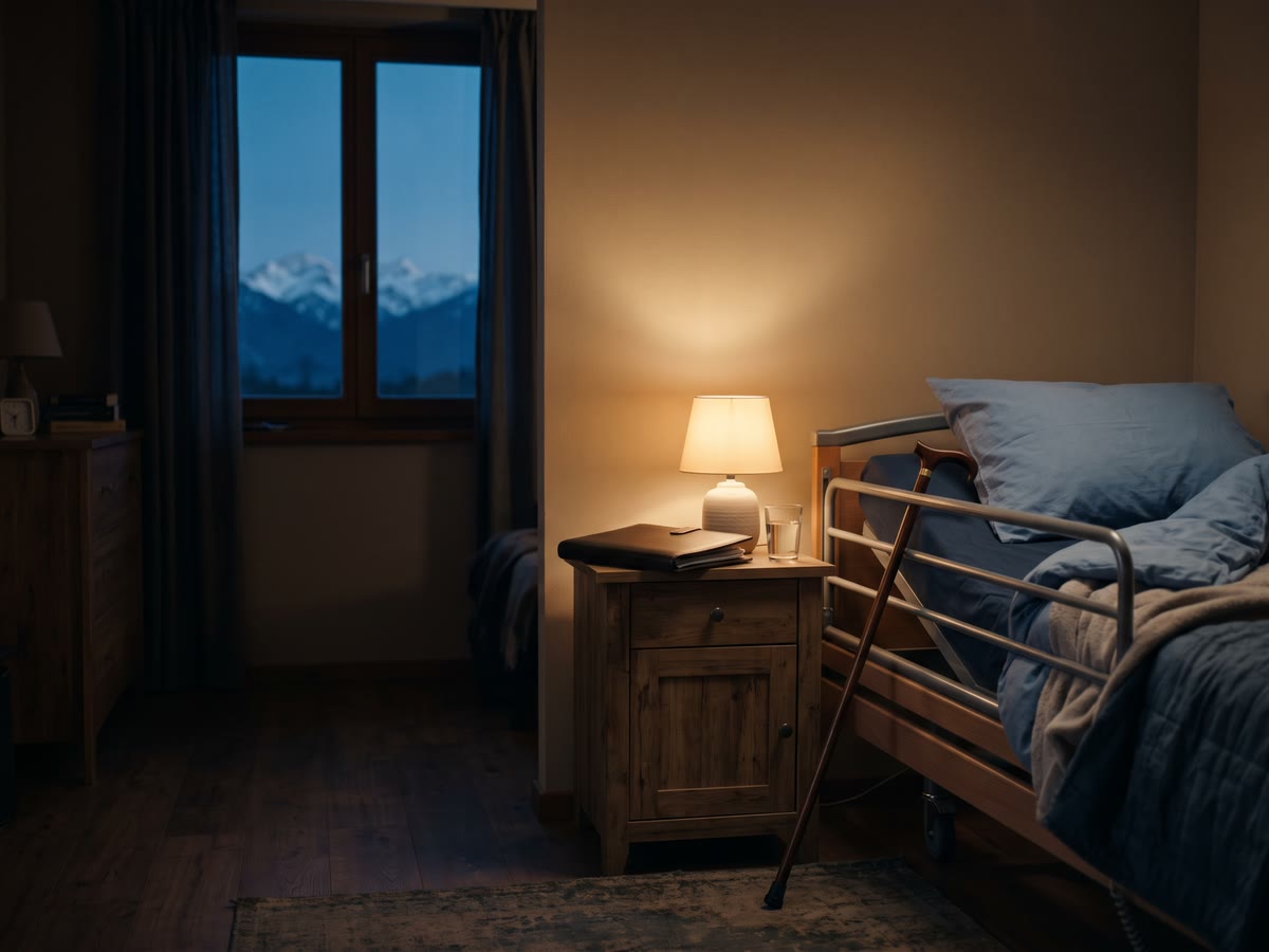 Camera da letto con letto regolabile, bastone appoggiato al comodino e Alpi innevate oltre la finestra