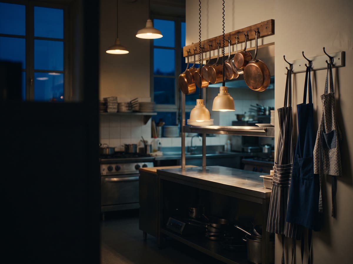 Cucina di una trattoria di famiglia dopo il servizio con pentole di rame e tre grembiuli appesi