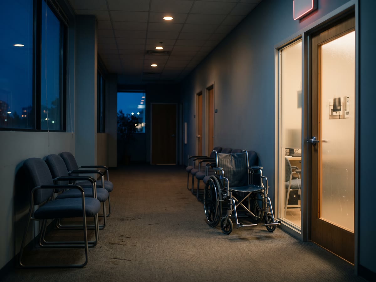Corridoio d'attesa di un ambulatorio con sedie vuote e una sedia a rotelle vicino alla porta