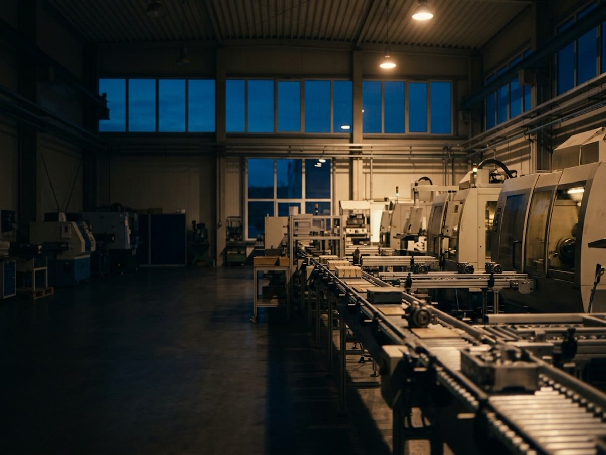 Capannone di produzione di notte con macchine in funzione e nastri trasportatori sotto luci calde