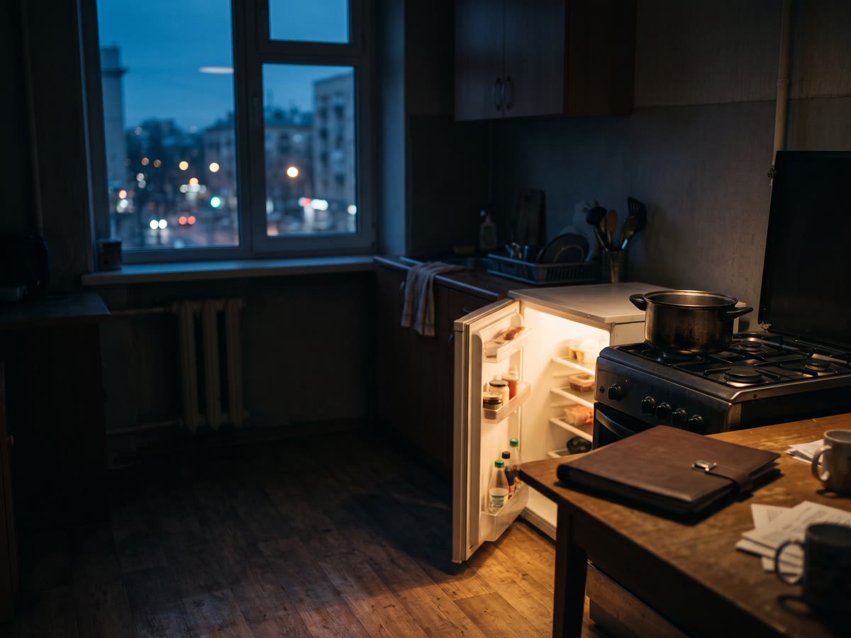 Cucina di sera con il frigorifero aperto che illumina la stanza e una cartellina sul tavolo