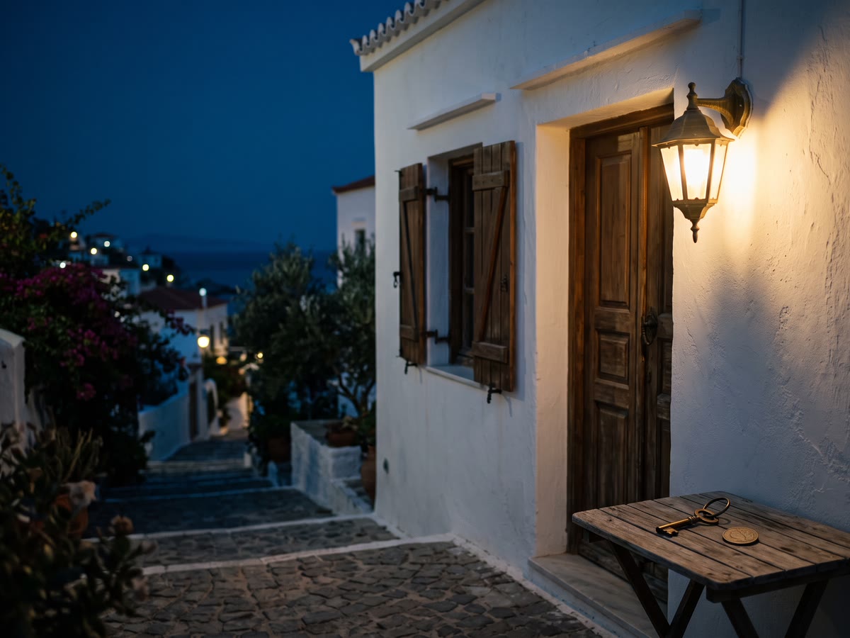Terrazza di una casa all'estero con muro bianco, lanterna accesa e chiave su un tavolino da giardino