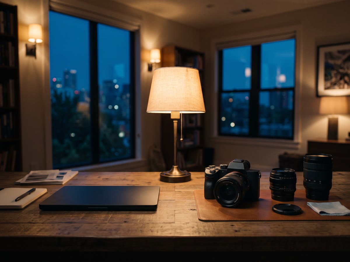 Scrivania di casa divisa tra un portatile aziendale chiuso e una fotocamera per la seconda attività