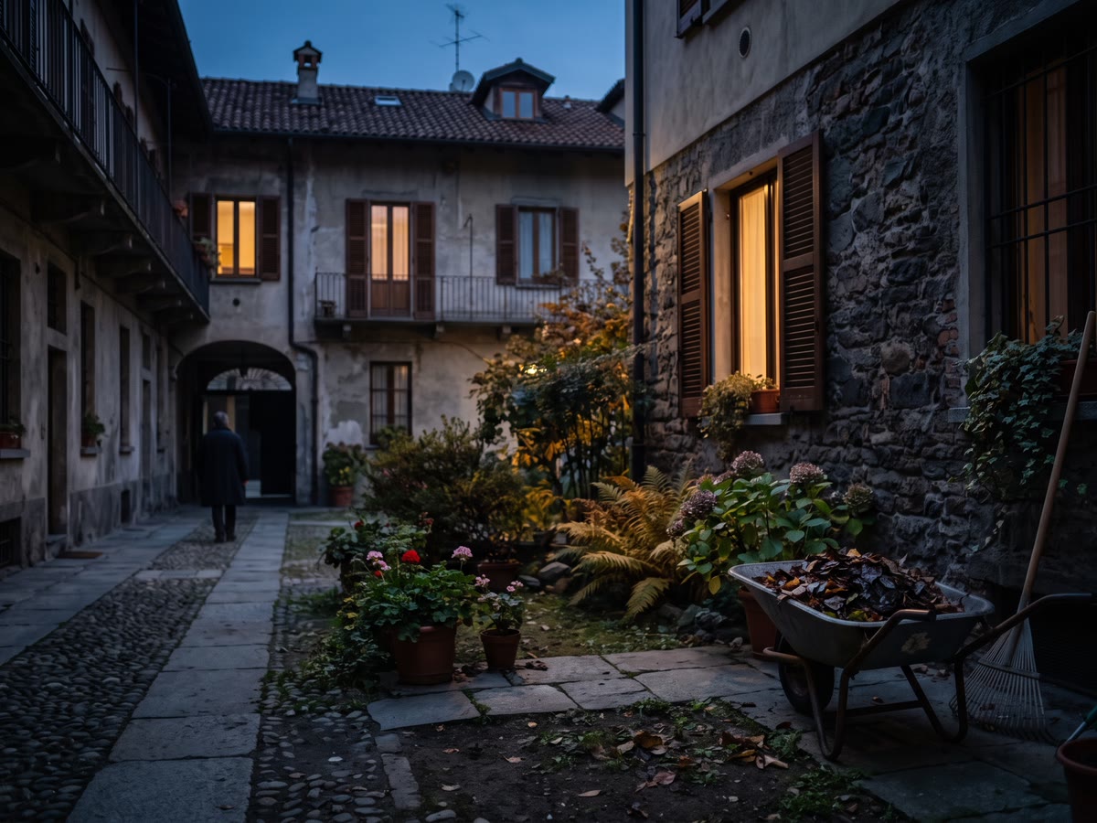 Giardino di un cortile al crepuscolo con rastrello, carriola di foglie e una figura lontana di spalle