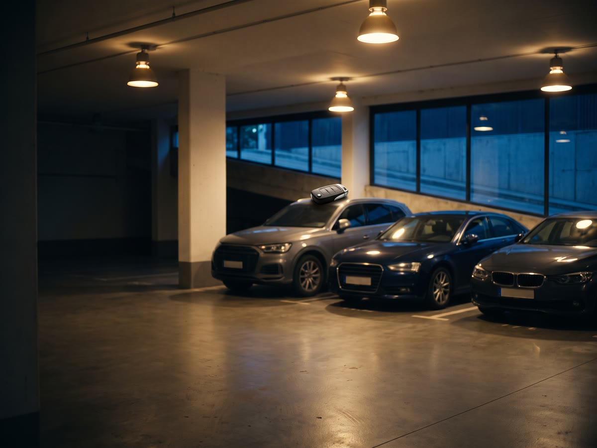 Tre auto affiancate in un garage sotterraneo con luci calde e una chiave appoggiata sul tetto