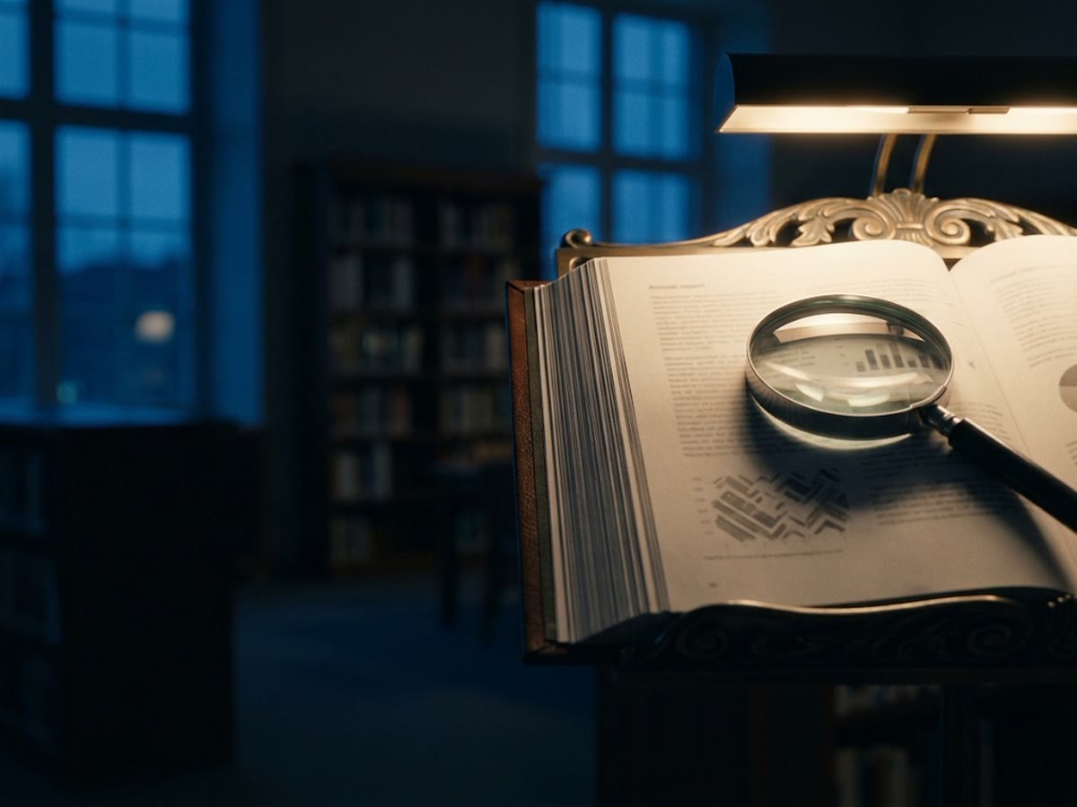 Fascicolo di bilancio aperto su un leggio con lente d'ingrandimento, luce calda in una biblioteca buia