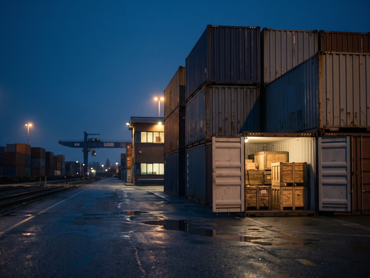Container impilati in un interporto all'ora blu con una porta aperta e casse di legno illuminate