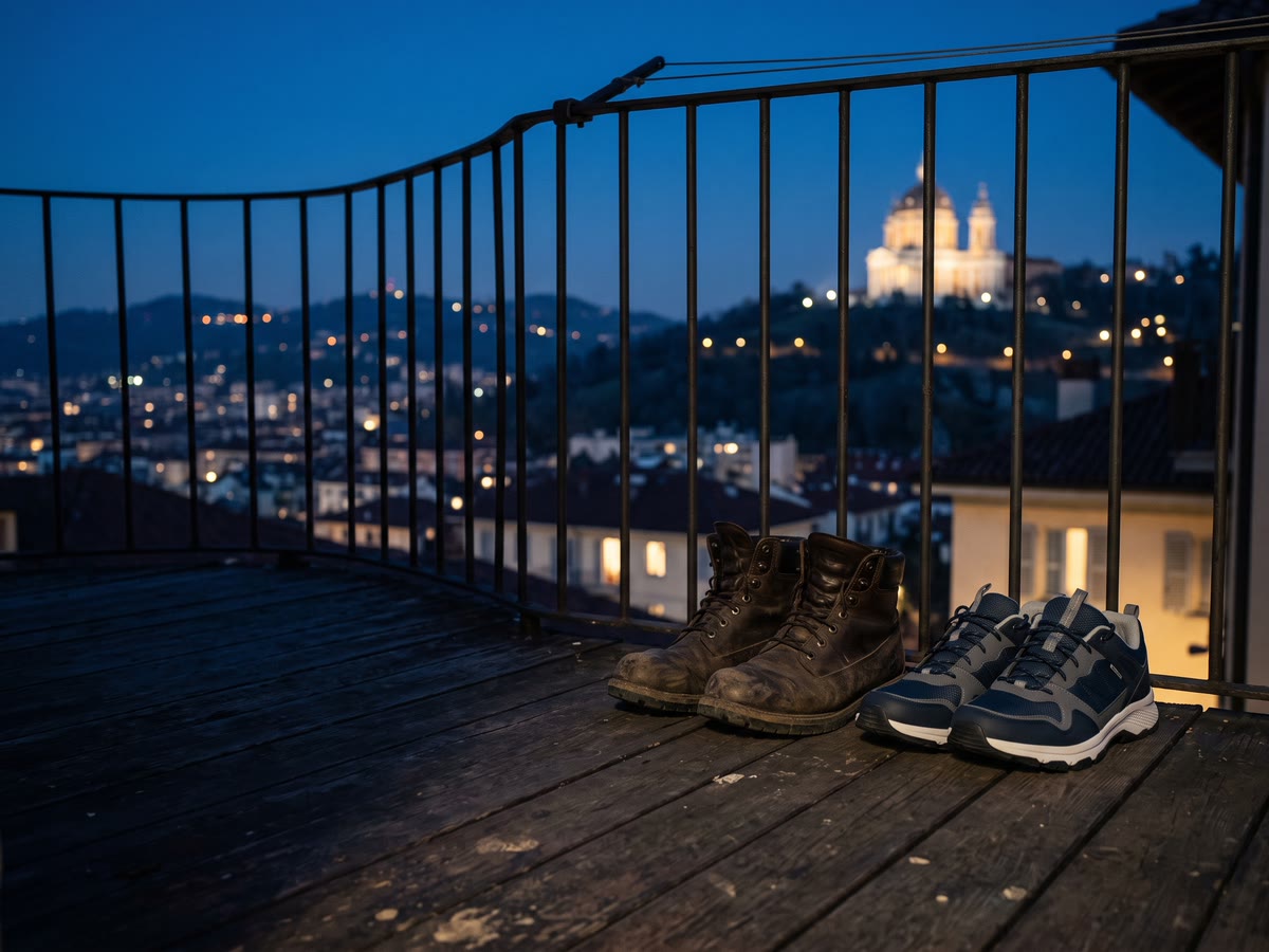 Vecchi scarponi da lavoro accanto a scarpe da passeggio sul balcone, Superga in collina all'orizzonte