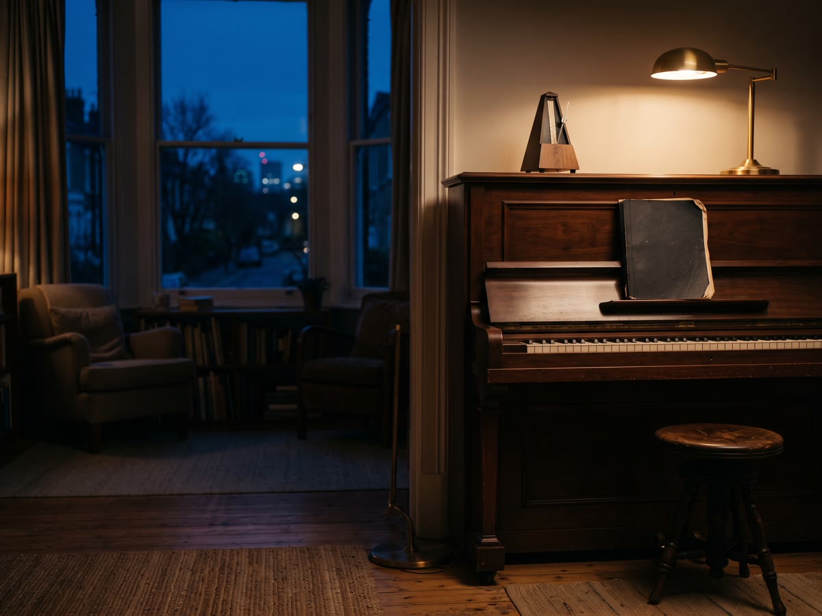 Pianoforte verticale in un soggiorno con metronomo, spartiti chiusi e sgabello vuoto