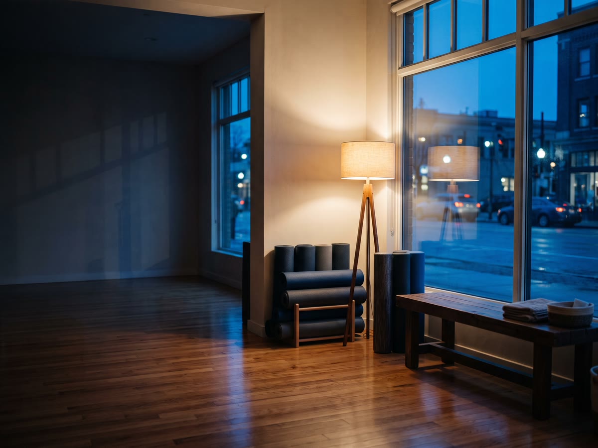 Sala di un piccolo studio di pilates con tappetini arrotolati e panca in legno, strada blu fuori
