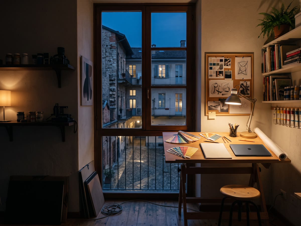 Piccolo studio di grafica in un cortile torinese con tavolo da disegno e campioni di colore