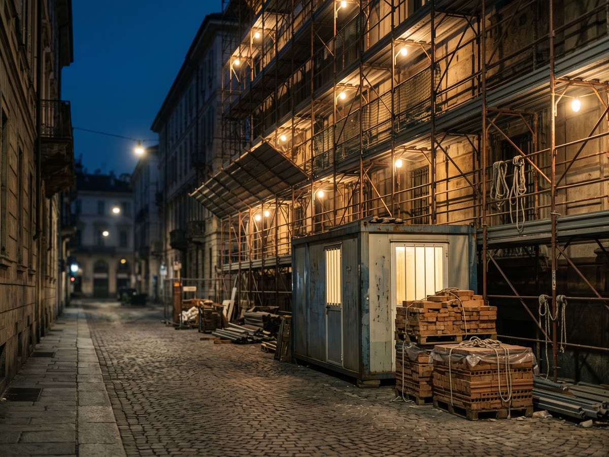 Cantiere di ristrutturazione all'ora blu con impalcature illuminate, baracca di cantiere e mattoni