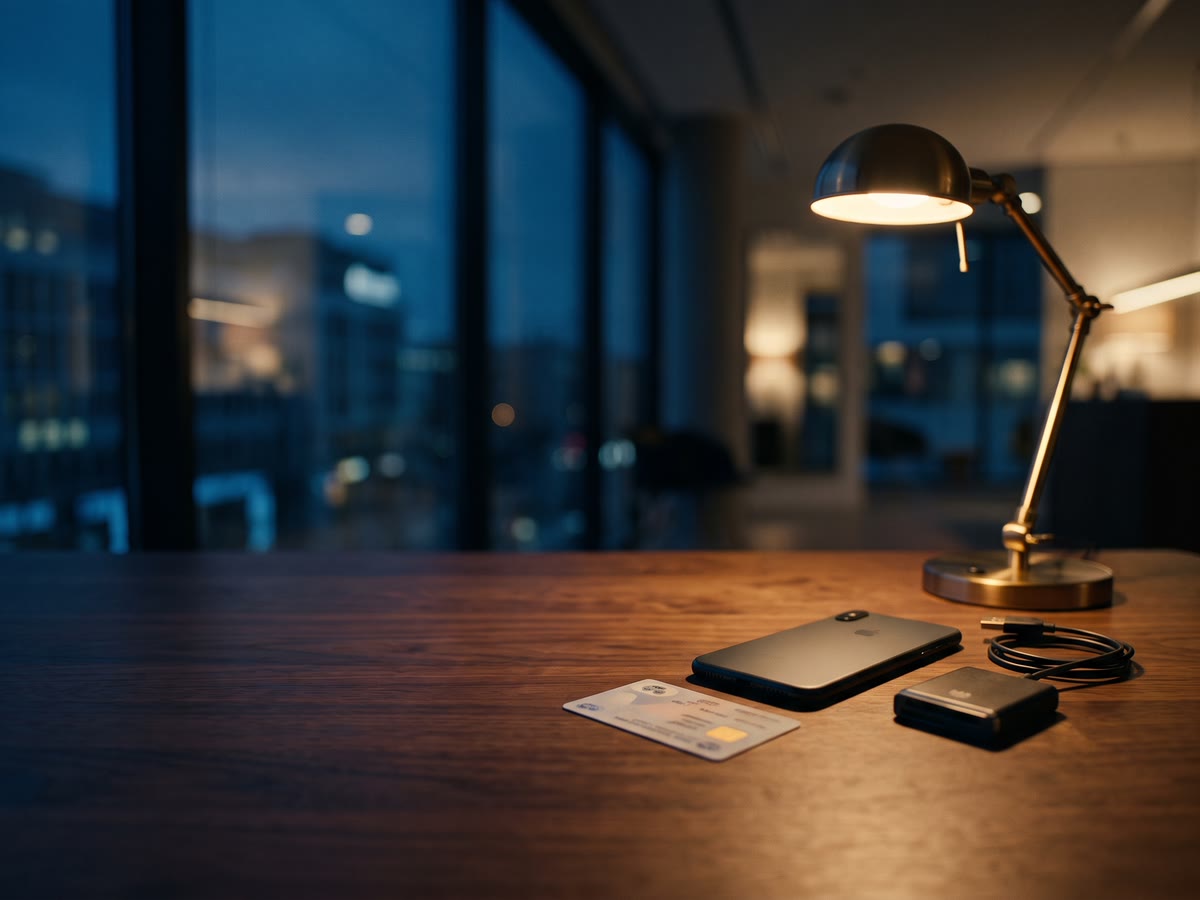 Smartphone capovolto accanto a una carta d'identità elettronica sulla scrivania in noce dello studio