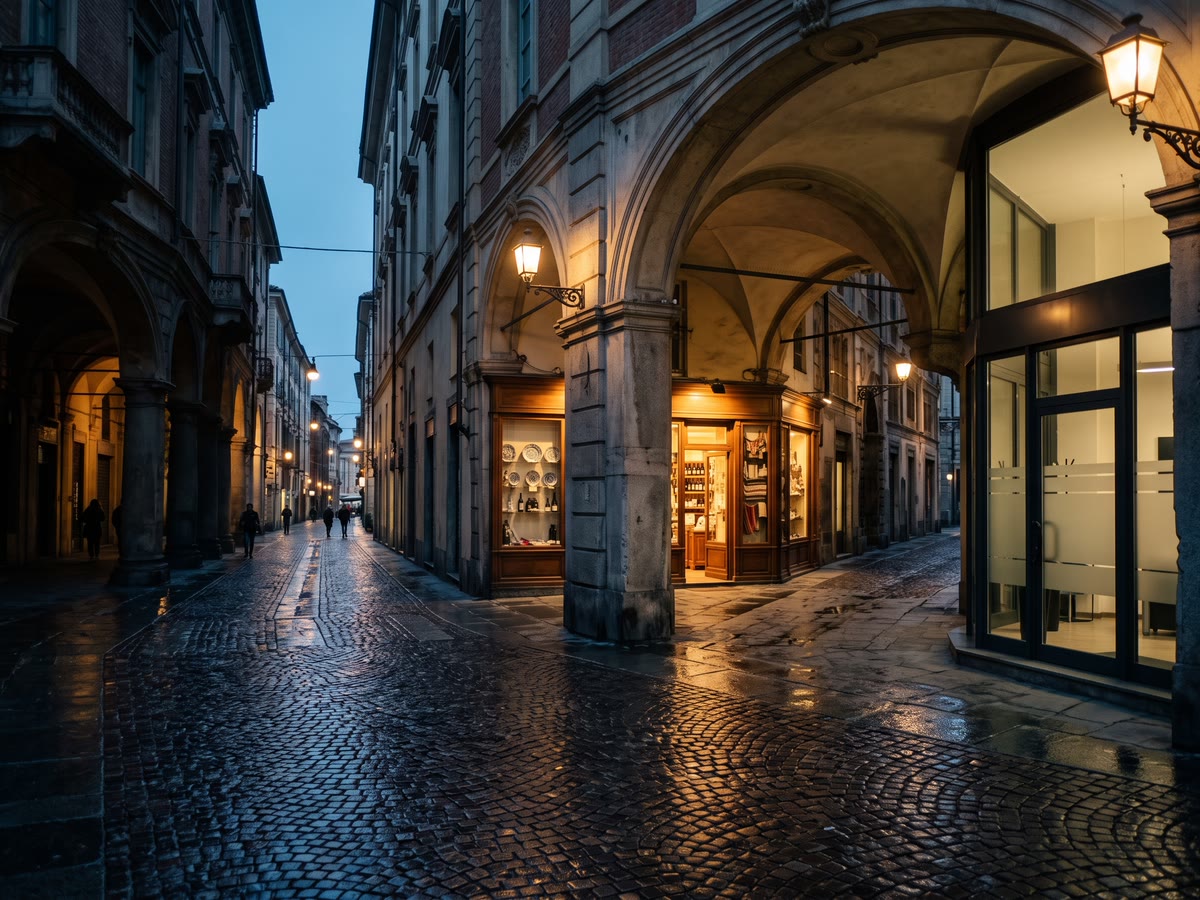 Incrocio tra due vie porticate di Torino all'ora blu con un piccolo negozio e un ingresso a vetri