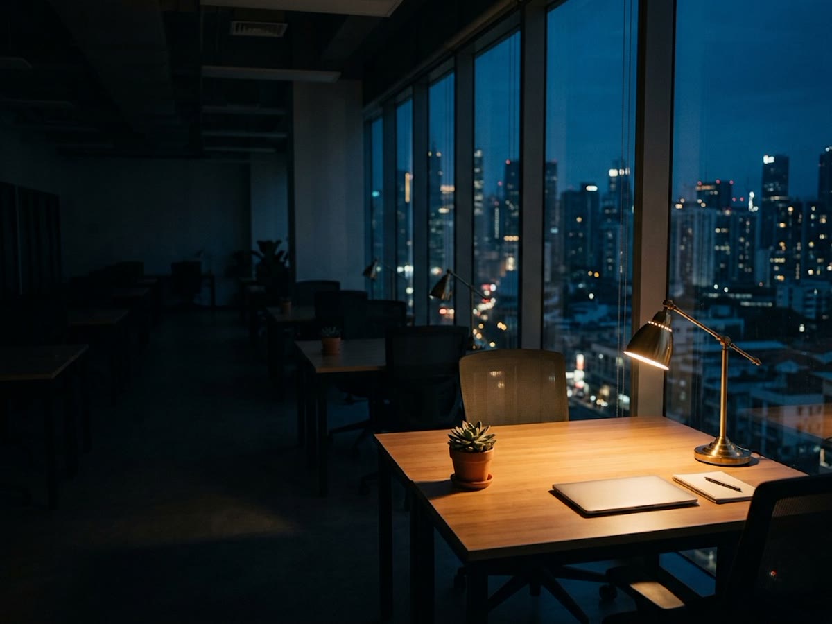 Spazio di coworking di notte con una sola scrivania illuminata tra molte al buio