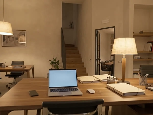 La scrivania di un professionista nello studio: portatile, fascicoli e una lampada accesa