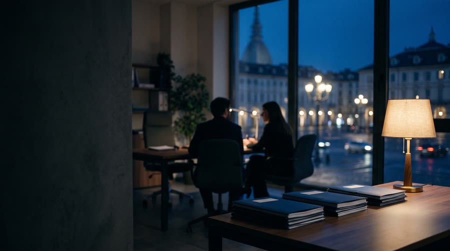 Un colloquio nello studio, visto da dietro: due persone alla scrivania davanti alla vetrata sulla città all'ora blu