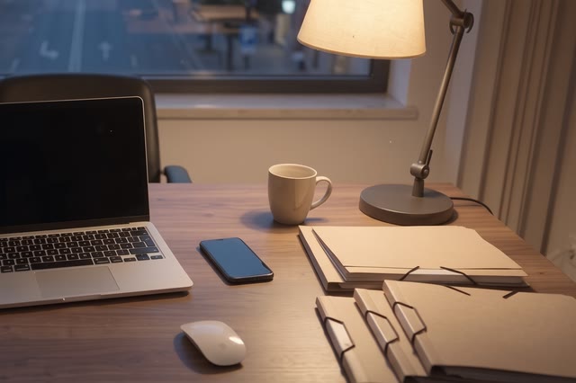 La scrivania sotto la luce della lampada, con i fascicoli pronti per il preventivo